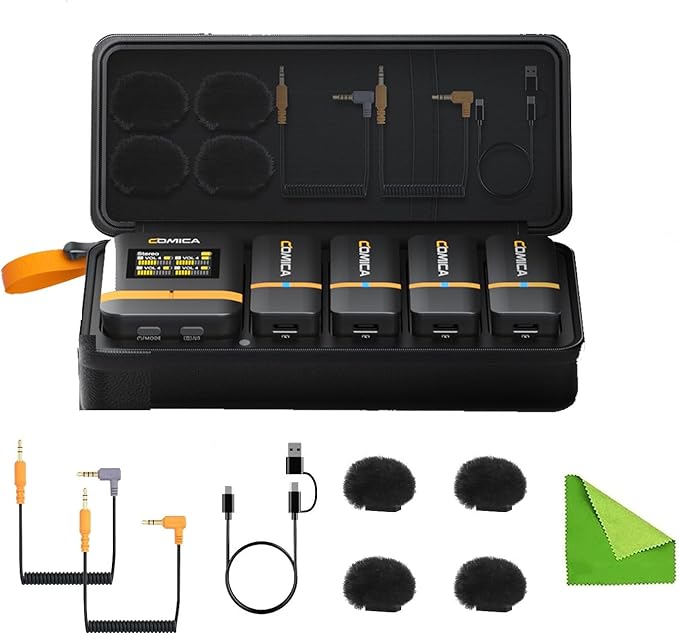 COMICA Vimo Q Four-Channel Mini Wireless Lavalier Microphone System with 4 Transmitters and 1 Receiver with Charging Case for Phone Video Recording Interview Youtubers Vloggers