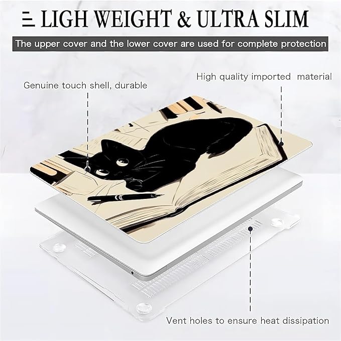 Compatible with MacBook Air 13.3 13.6 Inch Case 2022 2021 2020 2019 Plastic Hard Shell Case Cover,13.3 Pro(A1706/A1708/A1989/A2159/A2289/A2338), Black Cat