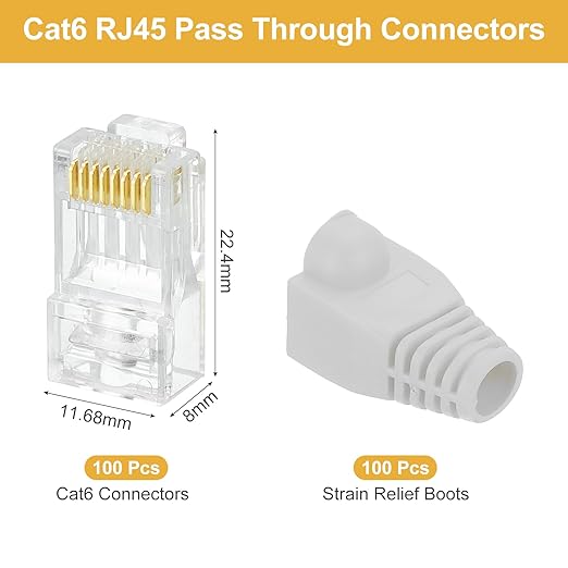 MECCANIXITY 100pcs Cat6 RJ45 Pass Through Connectors, RJ45 Connector 8P8C Gold Plated Plugs with 100pcs Light Grey Strain Relief Boots for Solid or Stranded UTP Ethernet Cable, 1.1mm