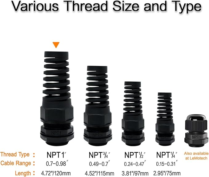LeMotech 2Pcs NPT 1" IP68 Waterproof Cable Gland Flex Spiral Strain Relief Black Nylon Joint with Gaskets for 18-25mm Wire Thread