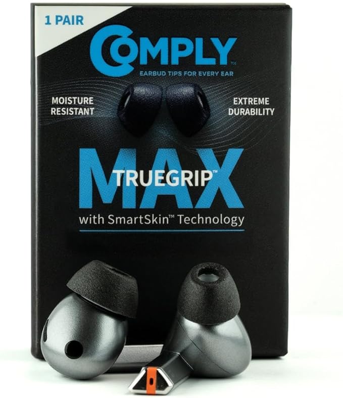 Comply TrueGrip MAX | Premium Memory Foam Replacement Earbud Tips for Samsung Galaxy Buds3 Pro | Long Lasting Comfort, MAX Durability, Secure Fit, Superior Noise Isolation| Black (Medium) (1 Pair)