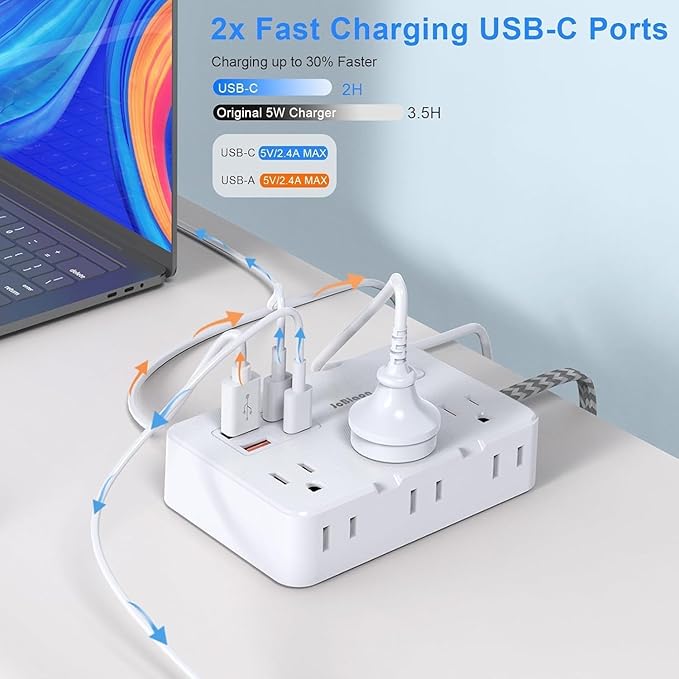 Surge Protector Power Strip, 15 Ft Cord Ultra Thin Flat Extension Cord with 6 Outlets 4 USB Ports(2 USB C), 1050J Flat Plug Power Strip for College Dorm Room Essentials