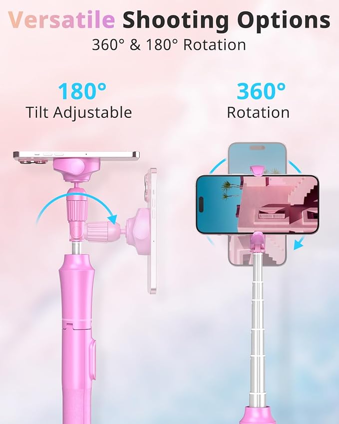 UBeesize 62'' Magnetic Selfie Stick Phone Tripod with Wireless Remote, Extendable Cell Phone Stand, Compatible with MagSafe, Cellphone Stand for iPhone 15 14 13 12 and Android Phones Pink