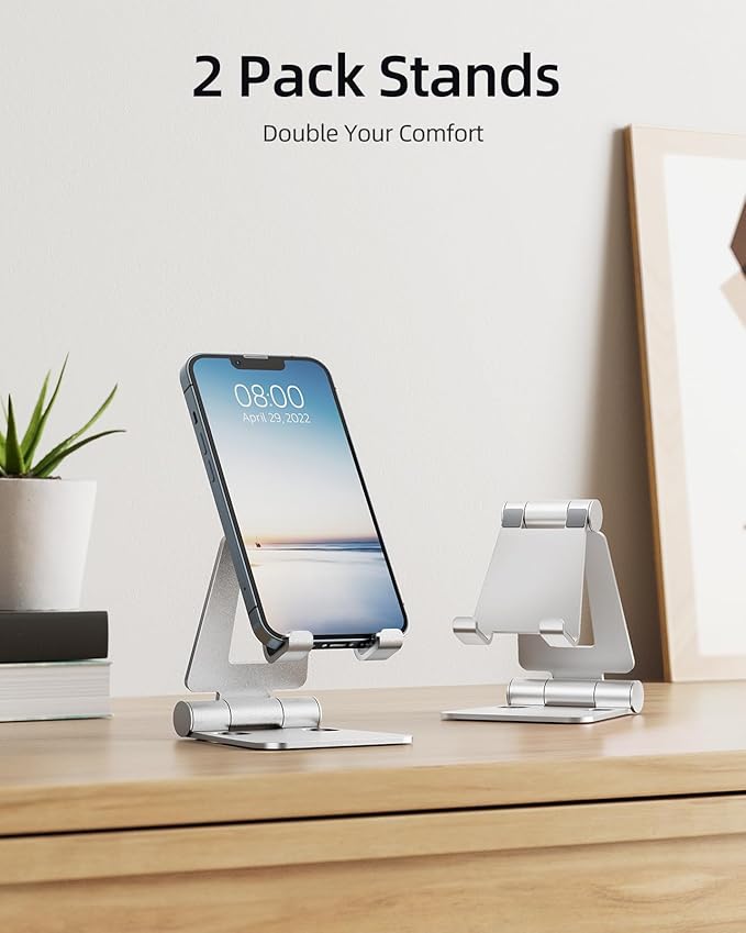 Nulaxy 2 Pack Dual Folding Cell Phone Stand, Fully Adjustable Foldable Desktop Phone Holder Cradle Dock Compatible with iPhone 17 16 15 14 13 12 Pro Max Xs Xr, All Phones, Silver