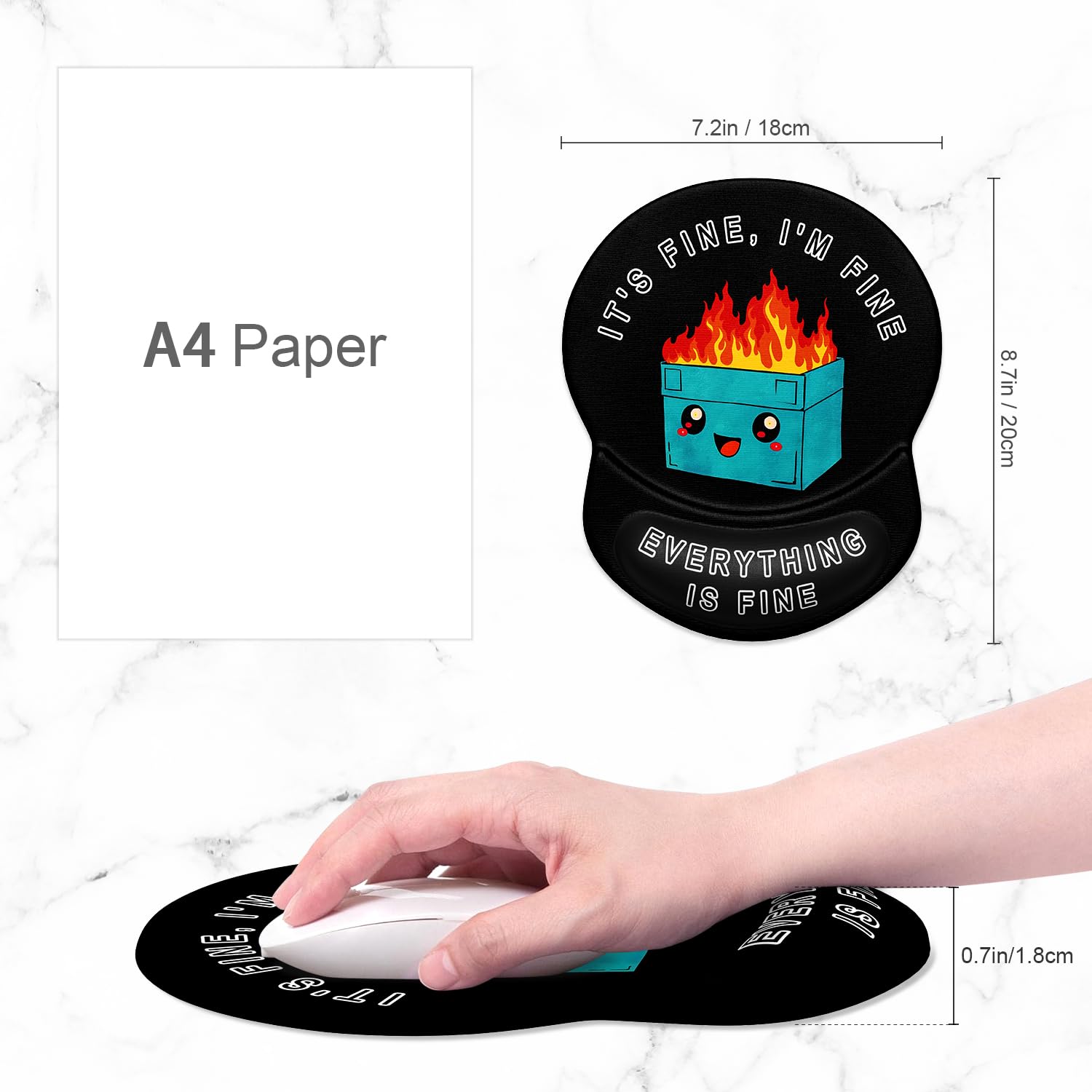 ITNRSIIET Ergonomic Mouse Pad with Gel Wrist Support Small Wrist Rest Smooth Surface Non-Slip PU Base Comfortable Office Supplies Pain Relief, 8.7 x 7.2 inches, Cute Dumpster