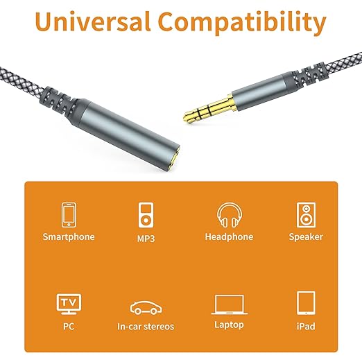MCSPER Headphone Extension Cable, [2-Pack, 6.6ft Hi-Fi ] 3.5mm Extension AudioMale to Female Aux Adapter Hi-Fi Sound Stereo Extender Cord for Headset, iPhone, iPad, Smartphones, Tablets & More (Grey)