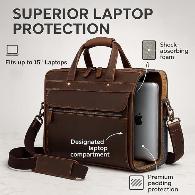 Luxorro Full Grain Leather Briefcase for Men, Top Choice Gifts, Handcrafted Laptop Bag with Multiple Compartments and Brass Hardware, Fits 15.6 Inch Laptop