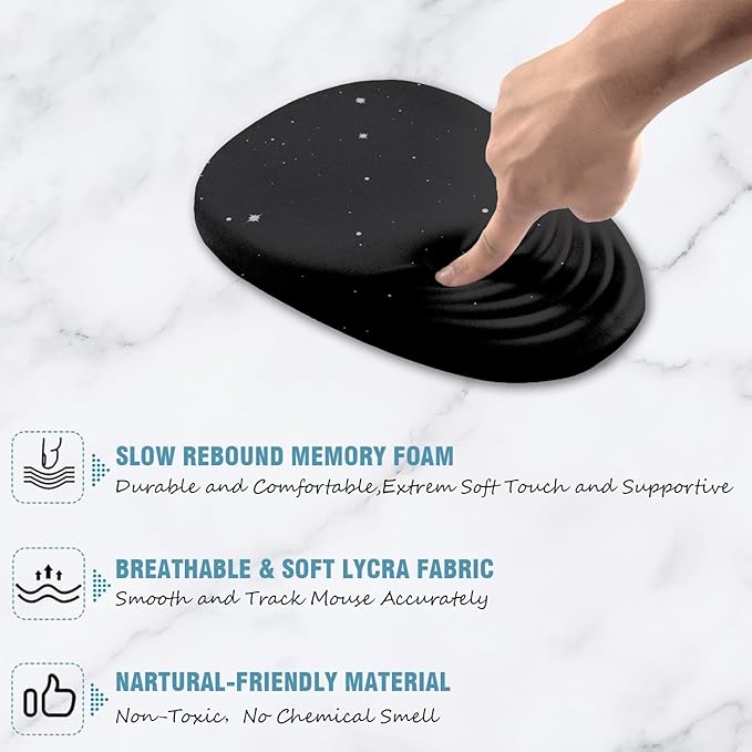 Ergonomic Mouse Pad Wrist Support, Mouse Pad with Wrist Rest, Entire Memory Foam & Non-Slip PU Base MousePads with Stepped-Wedge Design for Pain Relief, Desk, Office, Home, Black Star