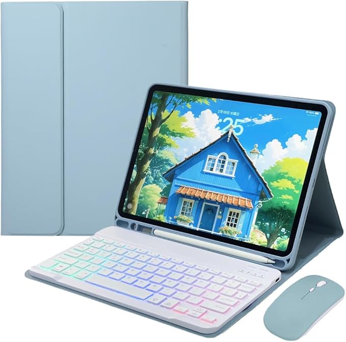 for iPad 11th (A16,2025) 11-inch, iPad 10th Gen 10.9 Inch 2022 Keyboard Case with Mouse and Rainbow Backlit Magnetic Detachable Bluetooth Keyboard Cover,Misty Blue