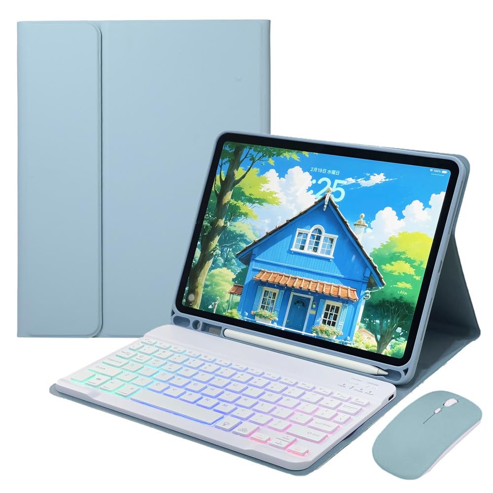 Disonbeir Rainbow Backlit Keyboard Case for iPad Pro 13 inch (M5, 2025/M4, 2024) Case with Mouse and 7 Colors RGB Colorful Backlight Magnetic Detachable Bluetooth Keyboard Cover,Misty Blue