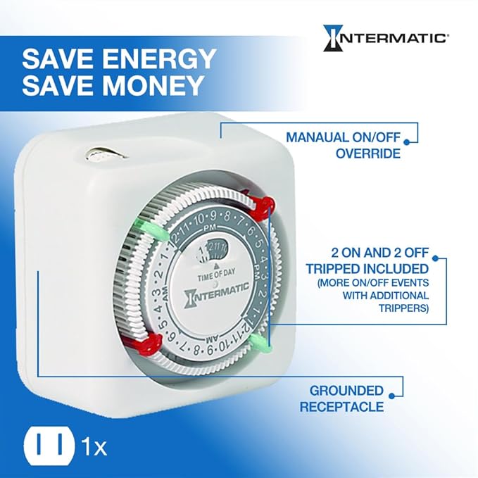 Intermatic TN111K 15-Amp Indoor Timer - Versatile 24-Hour Control - Easy Manual Override and Single 2-Prong Design (1 Pack)