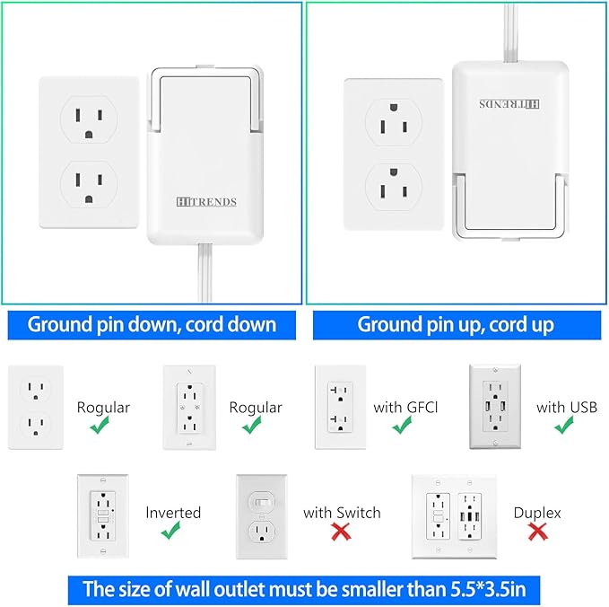 6FT Ultra Flat Plug Dual Extension Cord with 6 Outlets, Ultra-Thin Outlet Cover Power Bar, Outlet Concealer Universal Size Flat Plug Power Strip, Child & Pet Safe, 1625W, White
