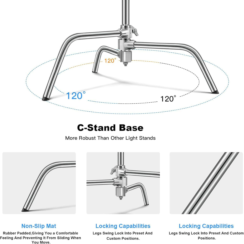 Soonpho Adjustable 10ft/3.3m Heavy Duty Light Stand with Boom Arm and Wheels,100% Stainless Steel Reflector C-Stand with Grip Head & Sandbag &Clamps,for Studio Video Reflector,Monolight,Softboxes