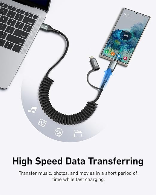 Coiled USB C to Lightning Cable 3FT, 2 in 1 iPhone 15 Charger Cord for Car Nylon Braided Multi Type C to TypeC Fast Charging Cables for iPhone 15 14 13 12 11 iPad, Samsung Galaxy Sony - 1Pack