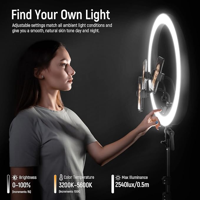 NEEWER 19 inch 2.4G Ring Light with Stand, 3 Phone Holders, 2.4G USB Transmitter for Mac/PC Remote Control, Touch Panel, Smooth Dimming at 1%, 3200K-5600K for Selfie TikTok Live Streaming Zoom, RP19H