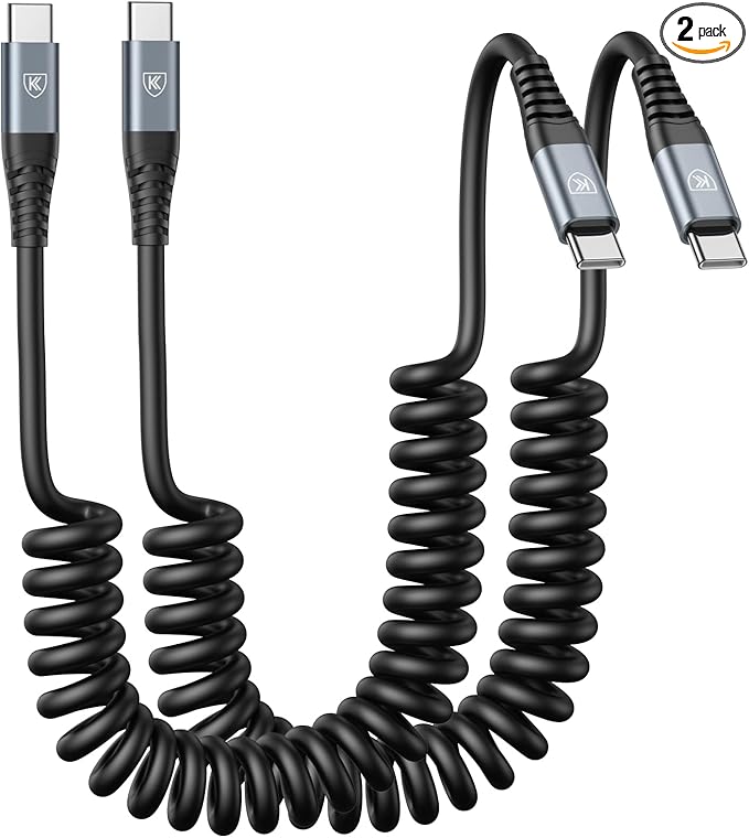 2Pack Coiled USB C to USB C Charger Cable for Car, Type C Fast Charging USBC Charger Cord Compatible with 15/15 Plus/15 Pro/15 Pro Max/Samsung Galaxy S23