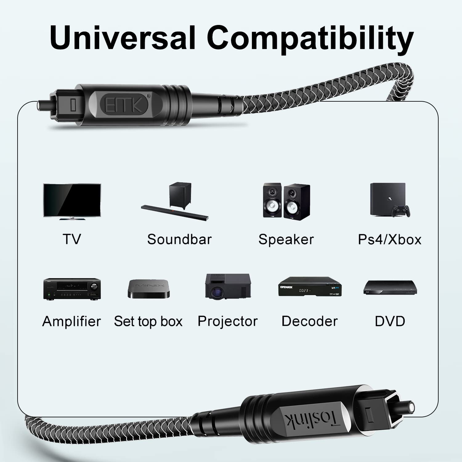EMK Digital Optical Audio Cable [24 Feet/7.6M] - Slim Nylon Braided Toslink Fiber Optic Cable for Sound Bar, TV, Home Theater, PS4, Xbox, Blu-Ray Player & More - High-Speed SPDIF (Black1)