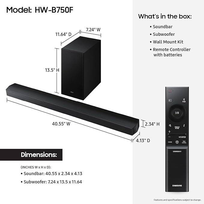 Samsung B-Series Soundbar HW-B750F 5.1 ch Subwoofer (2025 Model) Voice Enhance Mode, Q-Symphony, Adaptive Sound