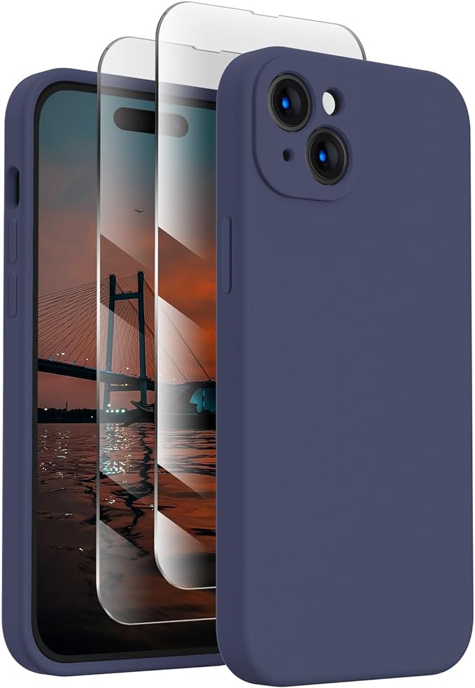 FireNova Designed for iPhone 15 Plus Case, Silicone [Camera Protection] Case with [2 Screen Protectors], Soft Anti-Scratch Microfiber Lining Inside, 6.7 inch, Navy Blue