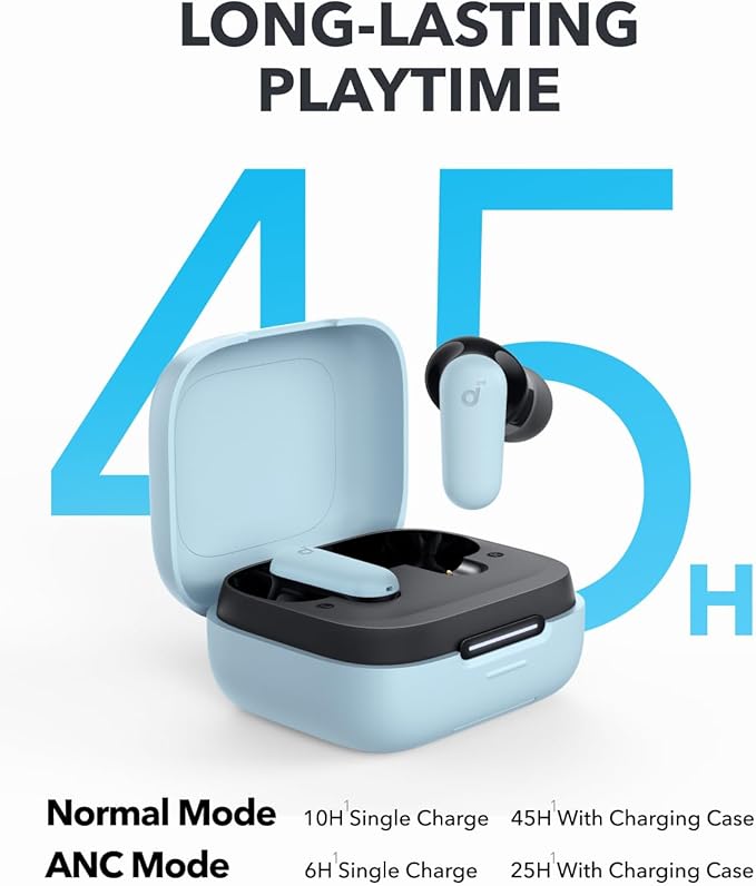 Soundcore P30i by Anker Noise Cancelling Earbuds, Strong and Smart Noise Cancelling, Powerful Bass, 45H Playtime, 2-in-1 Case and Phone Stand, IP54, Wireless Earbuds, Bluetooth 5.4 (Blue)