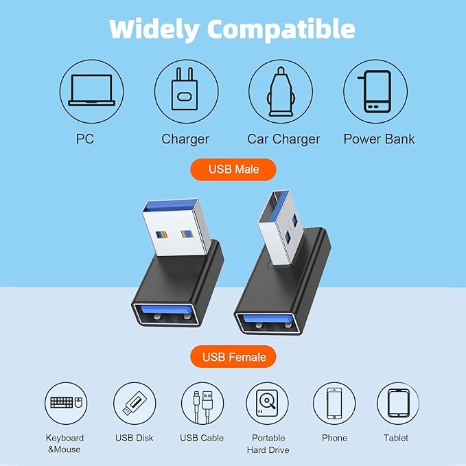 AreMe 90 Degree USB 3.0 Adapter 4 Pack, Up and Down Angle, Left and Right Angle USB A Male to Female Converter Extender for PC, Laptop, USB A Charger, Power Bank and More (Black)