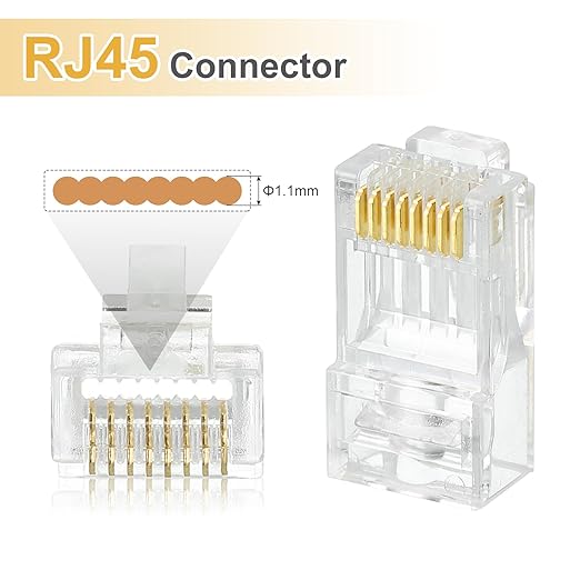 MECCANIXITY 100pcs Cat6 RJ45 Pass Through Connectors, RJ45 Connector 8P8C Gold Plated Plugs with 100pcs Green Strain Relief Boots for Solid or Stranded UTP Ethernet Cable, 1.1mm