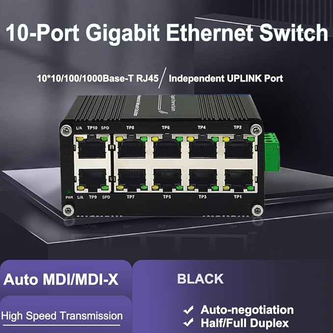 10-Port Gigabit Ethernet Switch,Industrial Design with Rugged Metal Case, Plug and Play, Full-Duplex Fast Ethernet Connectivity, Unmanaged Gigabit Switch, Compact Mini Size, Din-Rail or Wall Mount