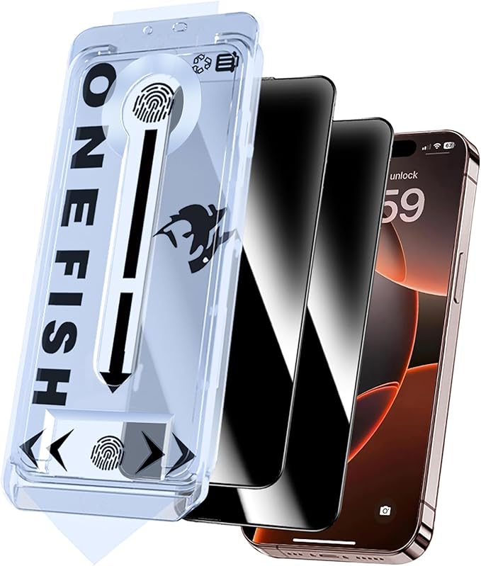 OneFish Screen Protector Privacy Glass for iphone 16 Pro, Airbag Edge Protection,Anti Spy Private Tempered Film with Installation Frame, 9H Glass Scratch Resistant, Easy Installation, 2Pack