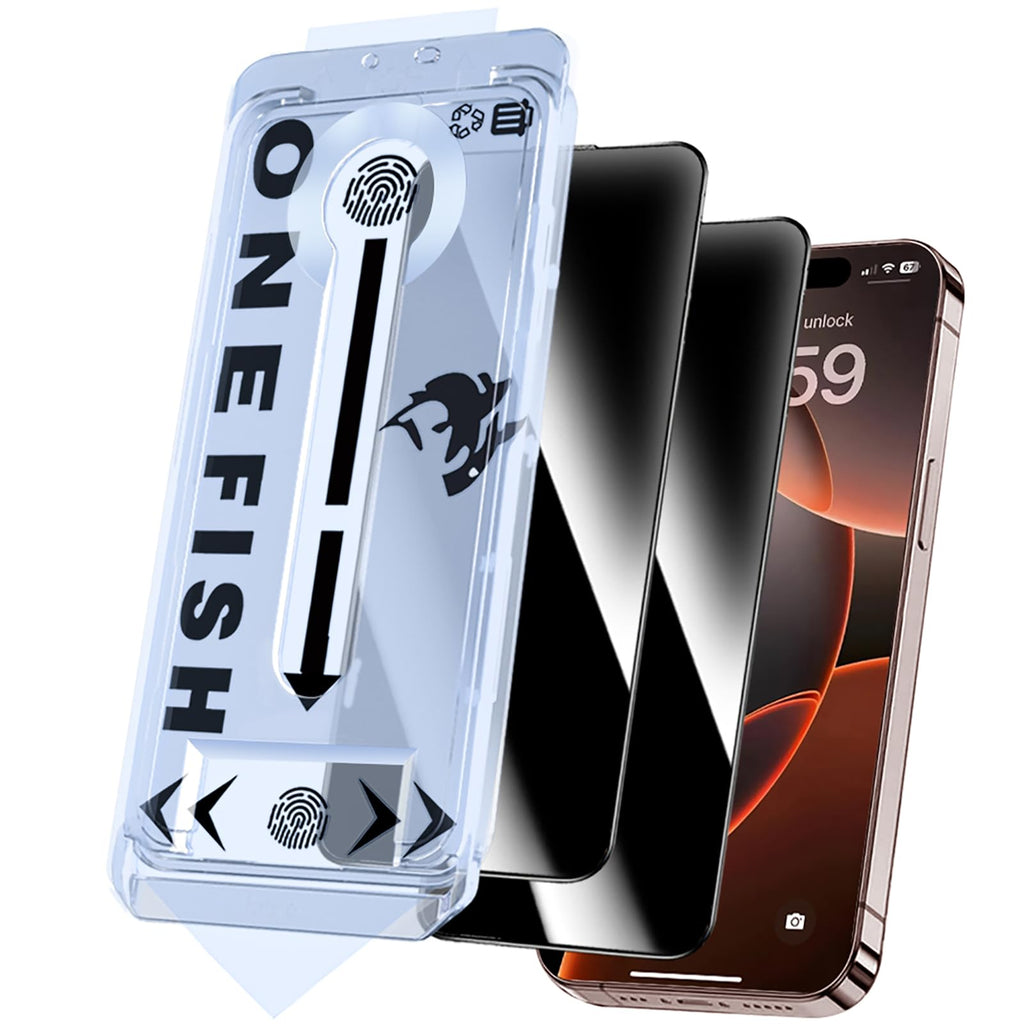 OneFish Screen Protector Privacy for iPhone 14Pro/15, Anti-Spy Tempered Glass Private, Edge Protection Screen Protector with Installation Frame, 9H Glass Scratch Resistant,2Pack.