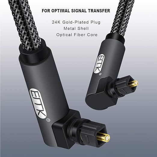 EMK 【Upgraded】 Double 90 Degree Optical Audio Cable Free-Rotating Toslink Plug Nylon Braided S/PDIF Digital Right Angle Optical Male to Male Cable for Home Theater,Sound Bar,TV(3.3ft/1m)