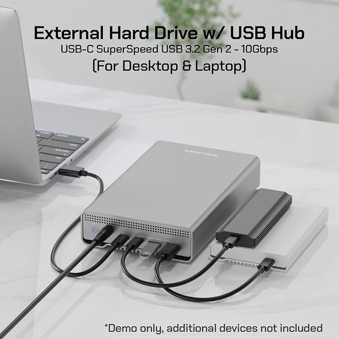 Avolusion PRO-G1 Series 12TB USB 3.2 Gen 2 (10Gbps) USB-C External Hard Drive w/USB HUB for Windows or MacOS Desktop PC/Laptop (Silver) (Renewed)