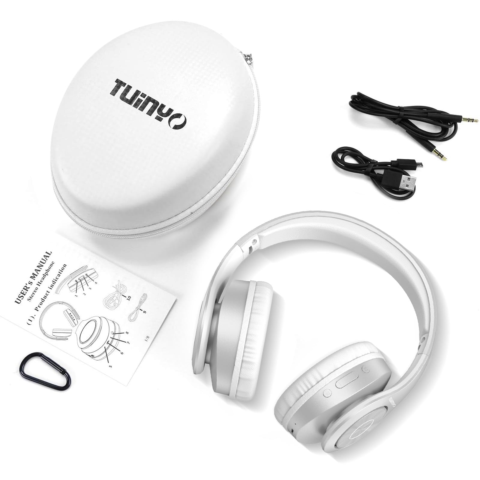 TUINYO Bluetooth Headphones Wireless, Over Ear Stereo Wireless Headset 40H Playtime with deep bass, Soft Memory-Protein Earmuffs, Built-in Mic Wired Mode PC/Cell Phones/TV-White