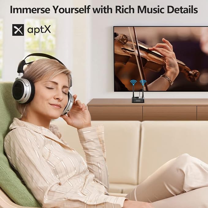 1Mii B06TX+ Long Range Bluetooth 5.2 Transmitter for TV/PC/Projector to 2 Wireless Headphones/Speakers, Bluetooth Adapter for TV w/Screen Display Plug n Play, aptX Low Latency & HD Audio
