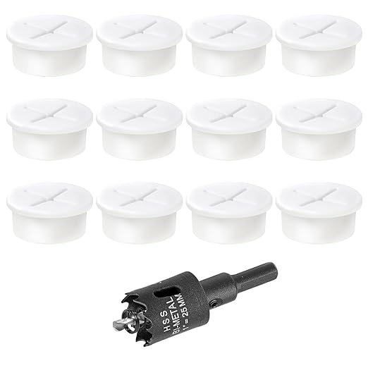 1" White Desk Grommet, JTemgle Flexible Cable Grommet with Bi-Metal Hole Saw Cross Rubber Cable Hole Cover Wire Organizer Caps Desktop Cord Management for Home Office TV Stands Tabletops, 13 Pieces