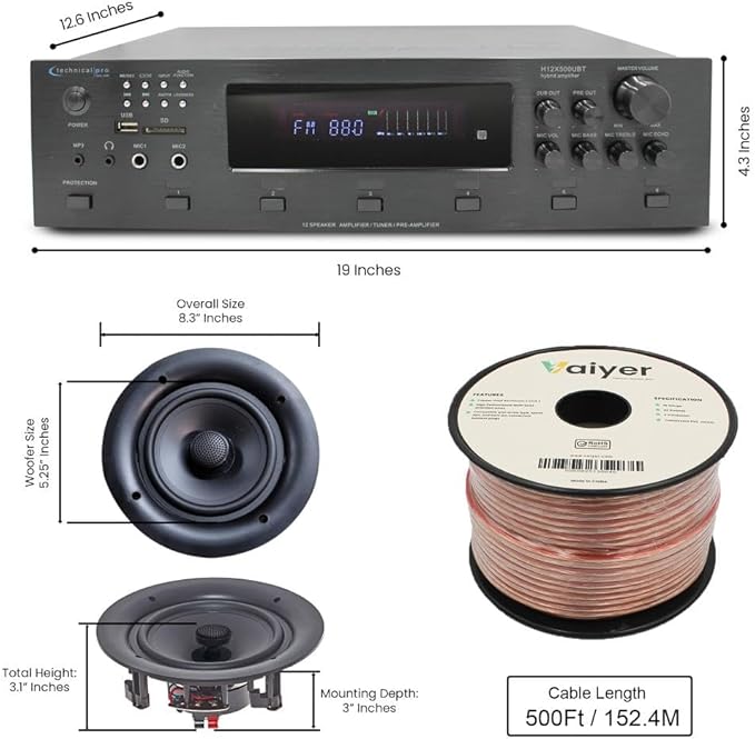 Vaiyer Home Audio System Kit, 6-Channel 6000 Watts Amplifier with 5.25" 8 Qty of 175 W Each Frameless in-Ceiling Speakers & 16 AWG 500 ft. Speaker Wire Perfect for Home, Office, Restaurants