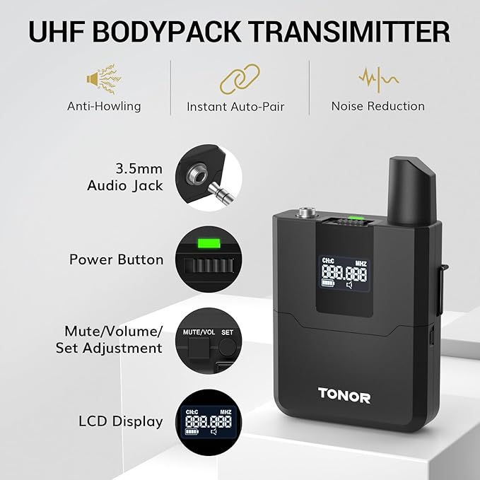 TONOR Wireless Microphones System with 8x12 Channels Headset/Lavalier Lapel Mics, Bodypack Transmitter, Receiver, 295ft UHF Range for Church Conference Performance Singing Karaoke PA Speaker Mixer