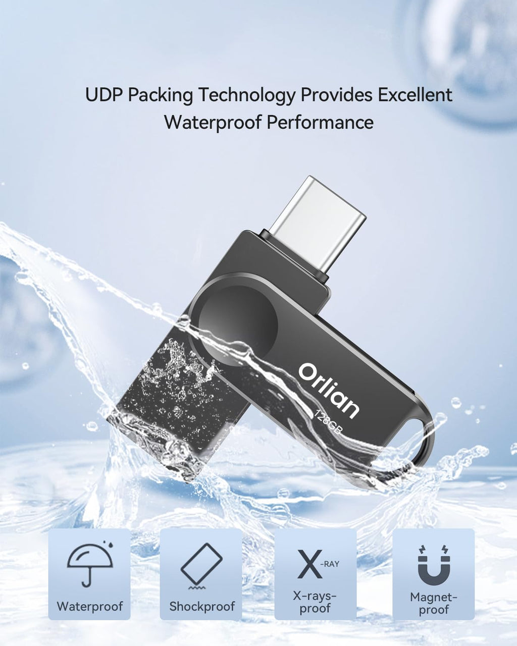 Orlian 2PCS 128GB USB C Flash Drive for Phone, Dual USB 3.0 Phone Thumb Drive Type-C & USB-A, up to 110MB/S Metal Waterproof Swivel Memory Stick for iPhone 15/16/17, Android, Tablet, Computer PC