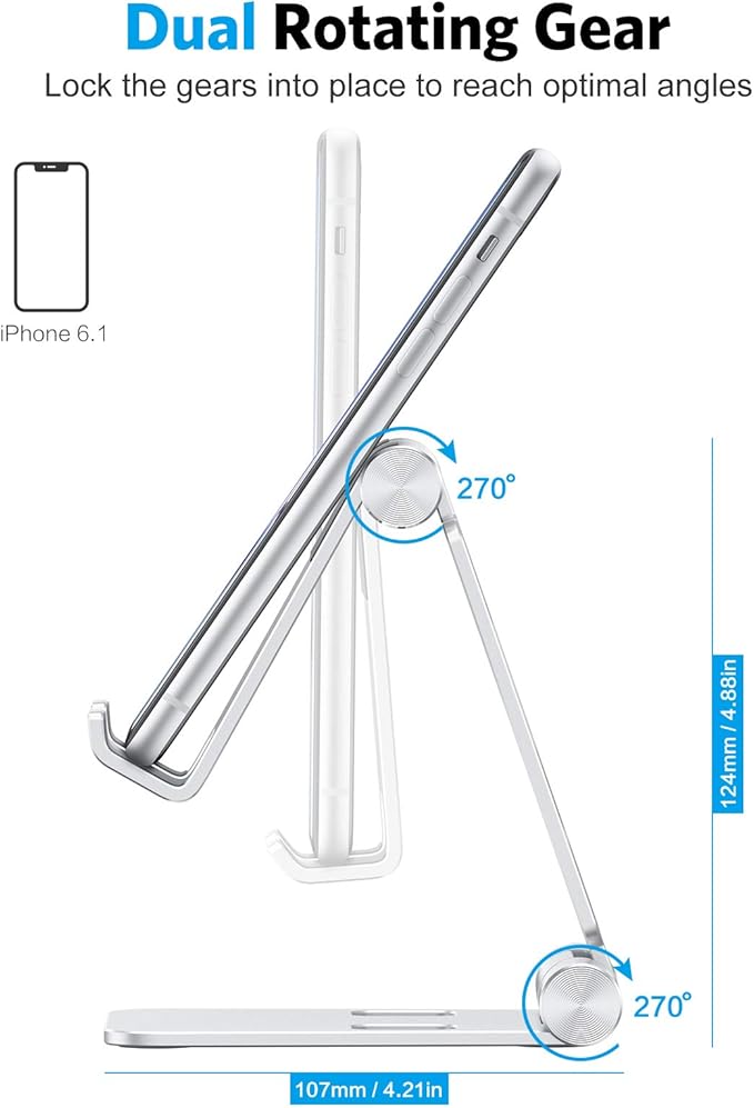 OMOTON Foldable Cell Phone Stand, C4 Portable Aluminum Phone Holder, Adjustable Phone Dock Cradle Compatible with iPhone 16/15/14/13 Pro Max, Samsung Galaxy, Small Tablets, All Smart Phones, Silver
