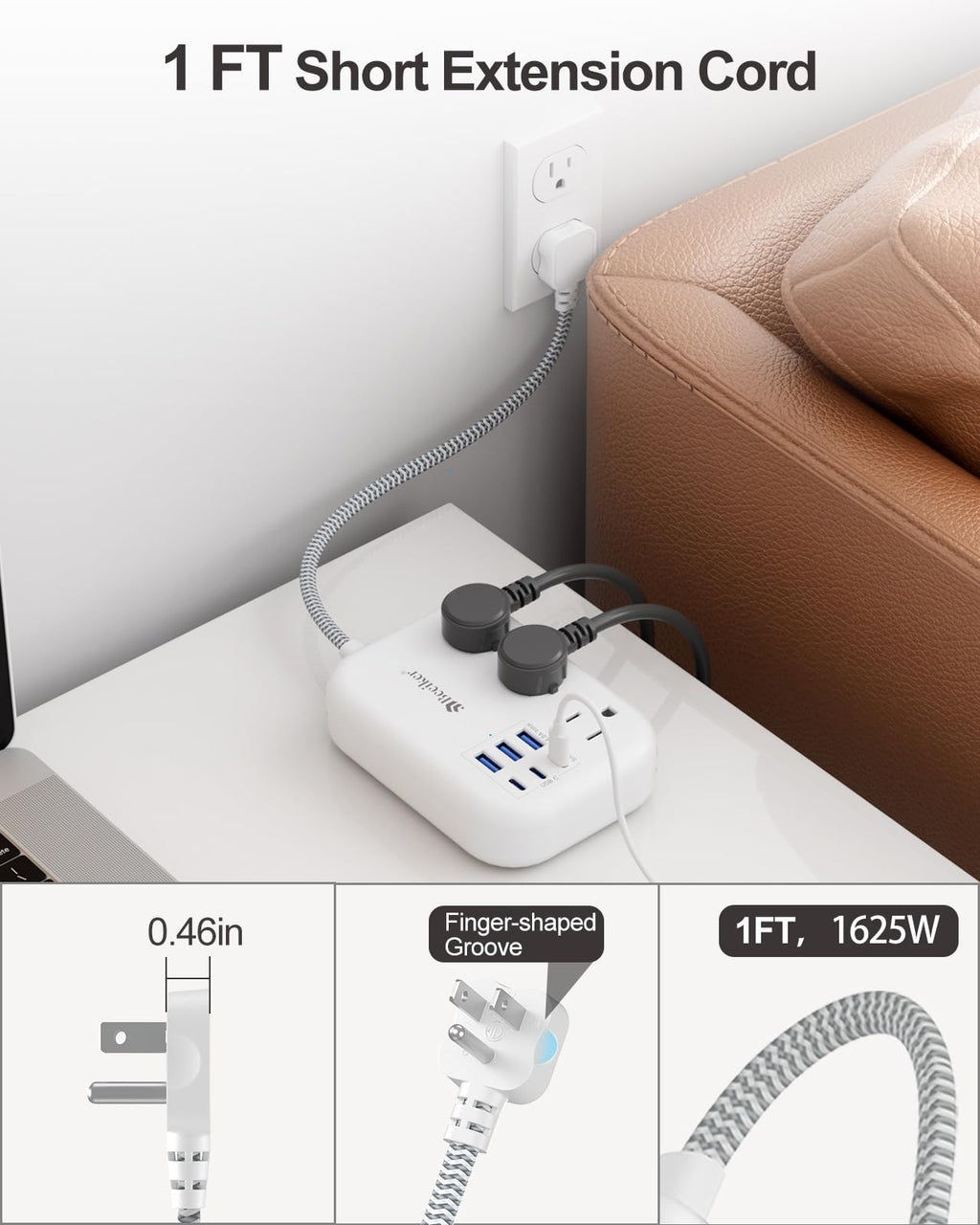 Beeiker Short Extension Cord 1 Ft,6 USB (3 USB C) Power Strip,3 Outlets