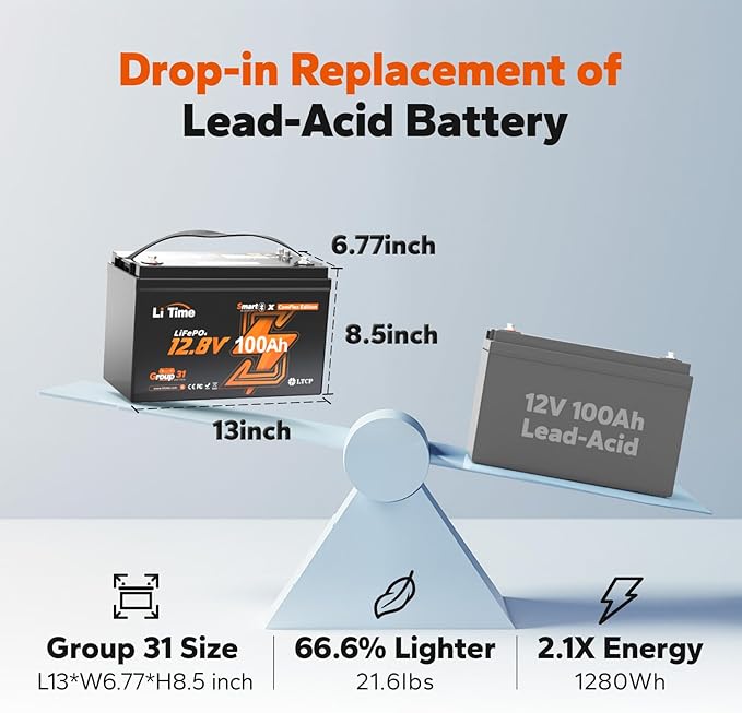 LiTime 12V 100Ah LiFePO4 Group 31 Battery, Compatible with Victron, Built-in 100A BMS & Bluetooth, Low-Temperature Protection, CAN/RS485 Communication, Ideal for Trolling Motors, Marine, RV (2Pack)