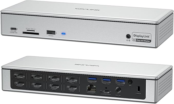 WAVLINK DisplayLink Laptop Docking Station - Quad Monitor 5K/4K @60Hz, 100W Charging - Thunderbolt 4/3, USB-C/A - M1 M2 Mac/Windows/Chrome/Ubuntu - 4 HDMI, 4 DP, 180W Power, SD 4.0 CR, 2.5Gbps LAN