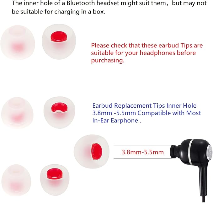 Silicone Earbud Tips - Soft & Comfortable Earphone Cushions, 18 Pairs (S/M/L) - White & Red, Fits 3.8mm-5.5mm Inner Hole, Compatible with Most in-Ear Headphones