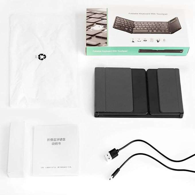 Foldable Bluetooth Keyboard with Touchpad, Wireless Folding Keyboards with PU Leather (Sync up to 3 Devices), Full-Size Portable Keyboard for Android/Windows/iOS