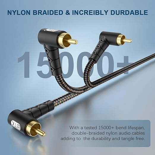 EMK 90 Degree RCA Subwoofer Cable 24K Gold-Plated Connector Nylon Braided Double Shielded – Support Digital & Analog Signals for Amplifier, Home Theater, Hi-Fi System,Subwoofer Black/50ft/15m