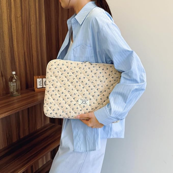Puffy Laptop Sleeve 13-15.6 Inch Cute Quilted Laptop Protective Case Padded Floral Computer Sleeve for MacBook (A-Blue, 13 Inch)