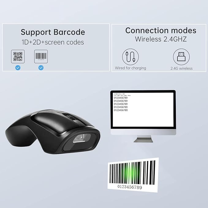 New Wireless Mouse Barcode Scanner, 2-in-1 Design 2D Handheld Barcode Scanner with Wireless Mouse Functions for POS System,Store,Supermarket, Warehouse.(Black)
