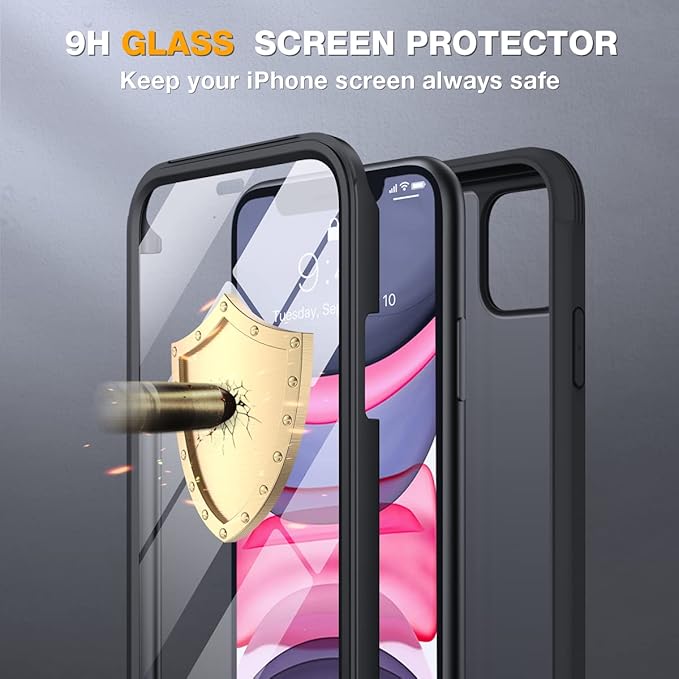Miracase Glass Series for iPhone 11 Case 6.1 inch, Upgraded Full-Body Rugged Phone Bumper Case Cover with Built-in 9H Tempered Glass Screen Protector and Camera Protector, Matte Black