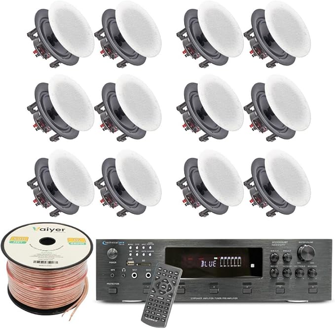 Vaiyer Home Audio System Kit, 6-Channel 6000 Watts Bluetooth Amplifier with 6.5" 12 QTY of 200 W Each Frameless in-Ceiling Speakers & 16 AWG 500 ft. Speaker Wire - Perfect for Home, Office, Restaurant
