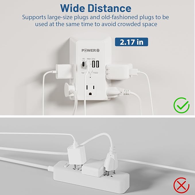 20W PD Fast Charging Wall Outlet with USB Ports (2C2A), Electrical Outlet Extender, Surge Protector, Wall Plug Adapter for Multiple Devices, Wall Socket Expander