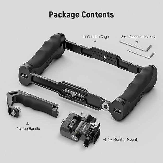 NEEWER Universal Camera Cage with Top Handle & Cold Shoe Monitor Mount, Arca Type Camera Gimbal Stabilizer Video Rig, Dual Handgrips & 3/8" for ARRI Compatible with SmallRig Accessories, CA016T+MA006